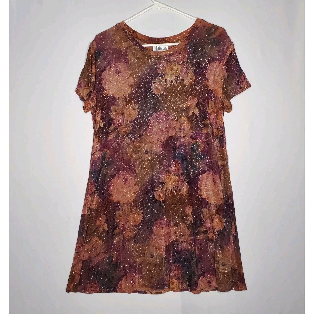 Citi Dress Slinky Sparkle Mini 14P Vtg Dark‎ Floral Forest Fairy Grunge Romantic